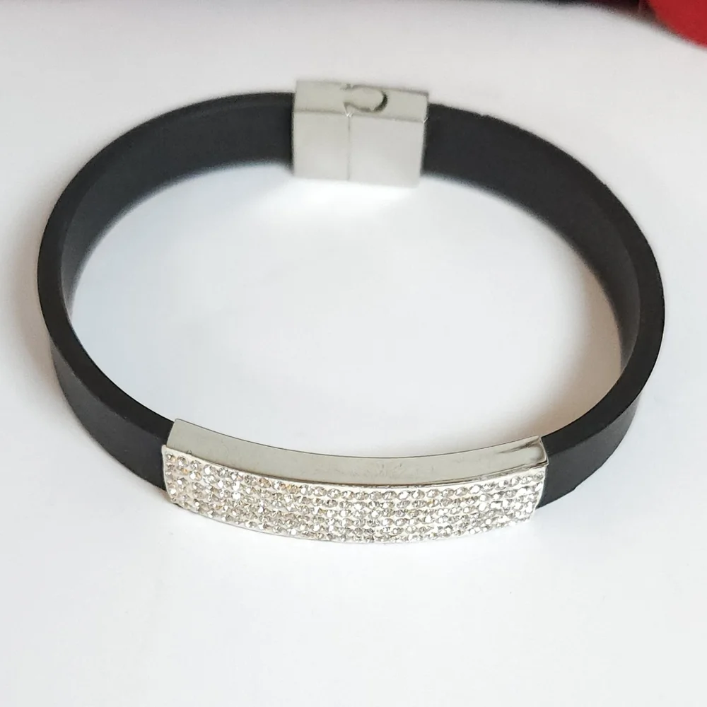 Cubic Zirconia Crystal Bar Black Band Bracelet Stainless Steel CN Marked